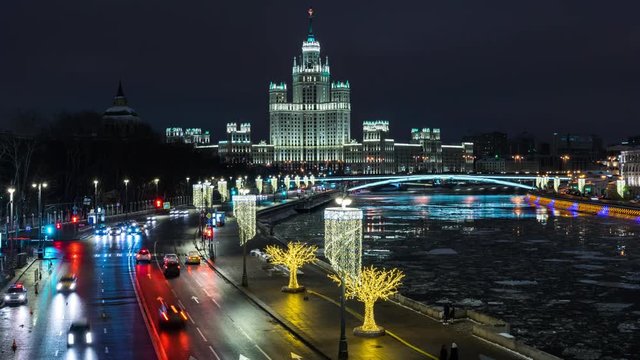 Night view of stalinian building in Moscow Russia
