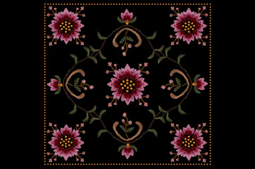 Black background with embroidered satin stitch red pink cornflowers with wavy branches and leaves in a square frame of yellow beads