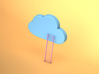 3d illustration of minimal blue cloud and pink ladder on pastel yellow background