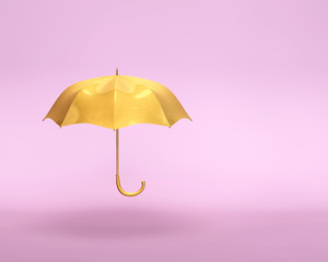 minimal 3d illustration of golden umbrella on pastel colored pink background