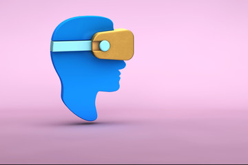 3d illustration of  flat lay modern minimal man head in golden virtual reality glasses icon with shadow on pastel colored pink background