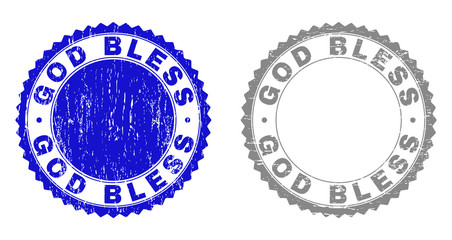 Grunge GOD BLESS stamp seals isolated on a white background. Rosette seals with grunge texture in blue and grey colors. Vector rubber stamp imprint of GOD BLESS caption inside round rosette.