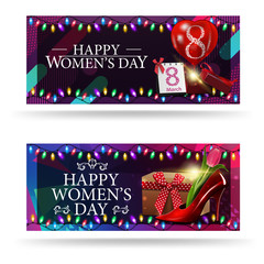 Two horizontal, modern, greeting Women's day banners with gift, balloon and women's Shoe with tulips inside