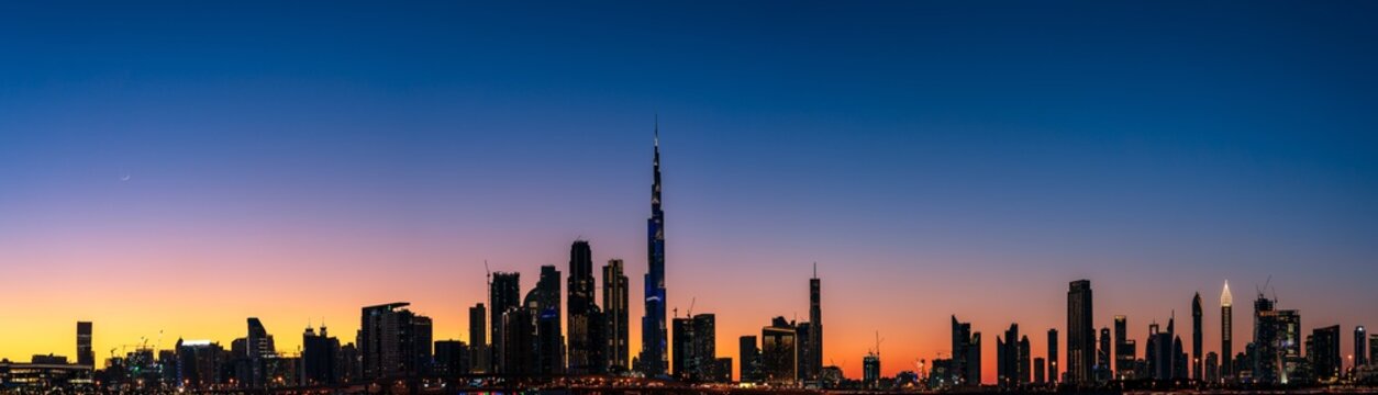 Super high resolution image of Dubai Downtown skyline at Magic hour