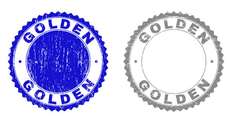 Grunge GOLDEN stamp seals isolated on a white background. Rosette seals with distress texture in blue and grey colors. Vector rubber watermark of GOLDEN caption inside round rosette.
