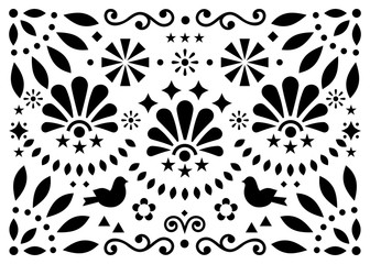 Mexican traditional folk art vector geometric pattern with flowers and birds, black and white greeting card or invitaion design inspired by traditional art from Mexico