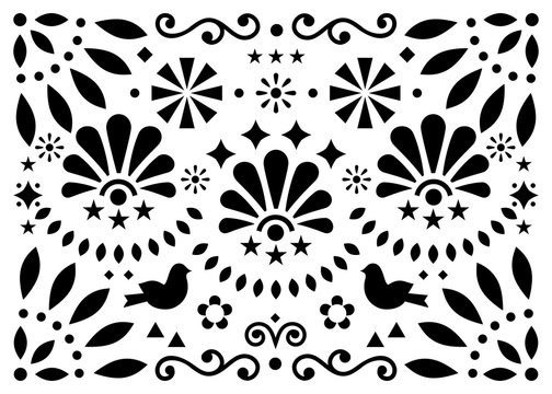 Mexican traditional folk art vector geometric pattern with flowers and birds, black and white greeting card or invitaion design inspired by traditional art from Mexico