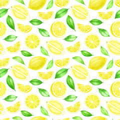 Fresh Lemon fruits whole and sliced seamless pattern. Citrus with leaves isolated on white background. Watercolor hand drawn illustration.