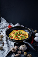 Homemade omelette on pan. Healthy food concept.