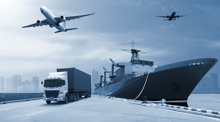 Abstract image of the world logistics, there are  container truck, ship in port and airplane