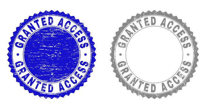 Grunge GRANTED ACCESS stamp seals isolated on a white background. Rosette seals with grunge texture in blue and gray colors. Vector rubber overlay of GRANTED ACCESS label inside round rosette.