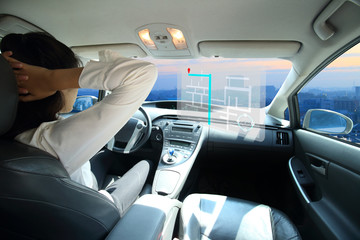 Self-driving autopilot mode, autonomous car, vehicle running self-driving mode and gps screen...