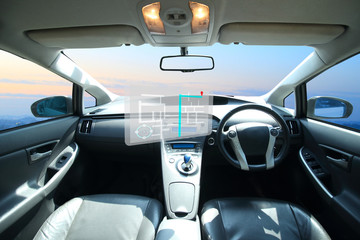 Self-driving autopilot mode, autonomous car, vehicle running self-driving mode and gps screen...