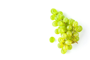 Layout with green grapes isolated on white background. Organic food. Copy space