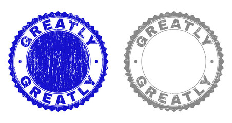 Grunge GREATLY stamp seals isolated on a white background. Rosette seals with grunge texture in blue and gray colors. Vector rubber watermark of GREATLY label inside round rosette.
