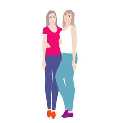 Two young women stand hugging. Lovely happy best friends girls hugging. Simple flat vector illustration.