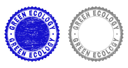 Obraz premium Grunge GREEN ECOLOGY stamp seals isolated on a white background. Rosette seals with grunge texture in blue and grey colors. Vector rubber stamp imprint of GREEN ECOLOGY label inside round rosette.