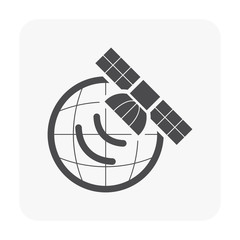 Global positioning system and communication network service vector icon consist of satellite, globe, signal. Technology for geo location, geography, cartography, gps tracking, navigation and internet. - obrazy, fototapety, plakaty
