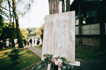Wedding decor of handmade. Wooden board wishes
