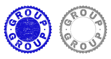 Grunge GROUP stamp seals isolated on a white background. Rosette seals with grunge texture in blue and grey colors. Vector rubber watermark of GROUP title inside round rosette.