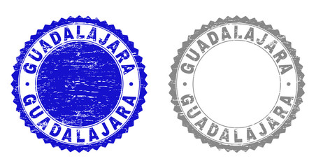 Obraz premium Grunge GUADALAJARA stamp seals isolated on a white background. Rosette seals with grunge texture in blue and grey colors. Vector rubber watermark of GUADALAJARA title inside round rosette.