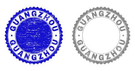 Grunge GUANGZHOU stamp seals isolated on a white background. Rosette seals with grunge texture in blue and gray colors. Vector rubber watermark of GUANGZHOU label inside round rosette.