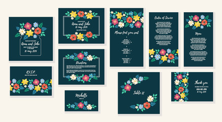 Fototapeta na wymiar Wedding invitation frame set with flat flower frame background, hand drawn floral elements label. Vector design template, isolated. Save the date, welcome and thank you card, menu and other.