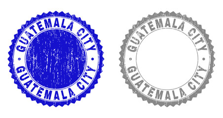 Grunge GUATEMALA CITY stamp seals isolated on a white background. Rosette seals with grunge texture in blue and gray colors. Vector rubber stamp imprint of GUATEMALA CITY label inside round rosette.