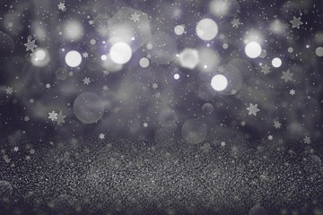 Obraz na płótnie Canvas purple cute shiny glitter lights defocused bokeh abstract background with falling snow flakes fly, festal mockup texture with blank space for your content