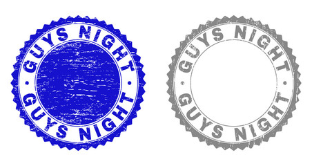 Fototapeta na wymiar Grunge GUYS NIGHT stamp seals isolated on a white background. Rosette seals with grunge texture in blue and grey colors. Vector rubber stamp imprint of GUYS NIGHT label inside round rosette.