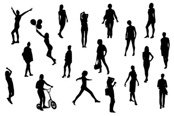 Silhouettes of girls and women in different poses, vector.