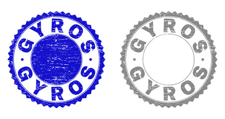 Grunge GYROS stamp seals isolated on a white background. Rosette seals with distress texture in blue and grey colors. Vector rubber stamp imitation of GYROS caption inside round rosette.