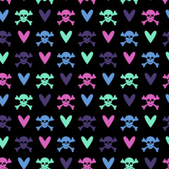 Seamless pattern with colored skulls crossbones and hearts on black background.