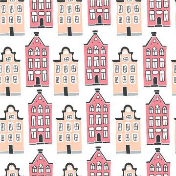 Seamless pattern with scandinavian houses