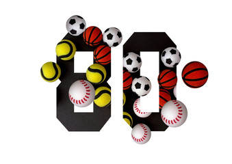 80 number eighty, graphic black digit and creative typography with colourful balls on white background, basketball, football, baseball, tennis.