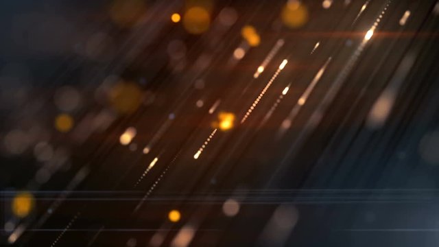 Abstract colored background with animation falling glittering particles as festive rain. Orange shining bokeh sparkles. 4K, Ultra HD resolution