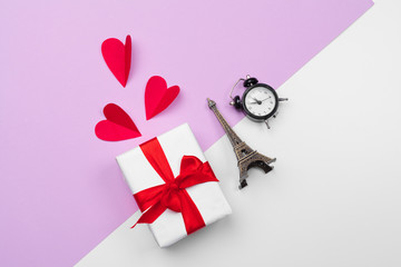 Gift box and paper hearts with copy space, St. Valentine's day composition