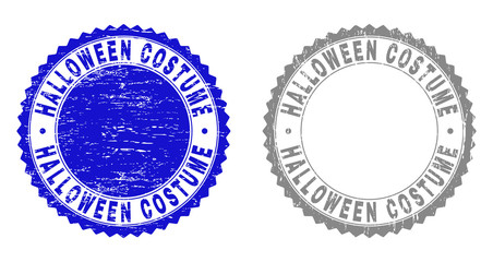 Grunge HALLOWEEN COSTUME stamp seals isolated on a white background. Rosette seals with grunge texture in blue and gray colors. Vector rubber overlay of HALLOWEEN COSTUME tag inside round rosette.