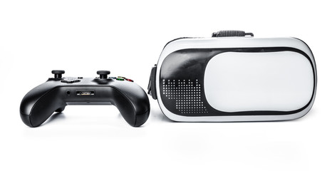 Virtual Reality glasses and game pad Isolated on white background.