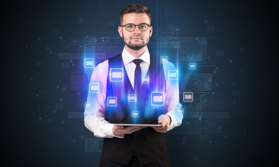 Mailing concept on a tablet with spectacled businessman on the background
