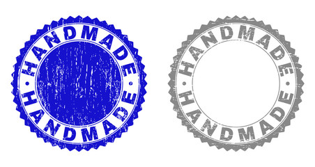 Grunge HANDMADE stamp seals isolated on a white background. Rosette seals with grunge texture in blue and gray colors. Vector rubber stamp imitation of HANDMADE label inside round rosette.