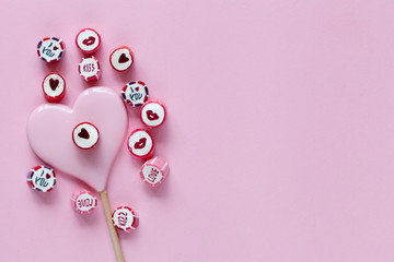 Valentine day background with hearts. Pink background. Top view