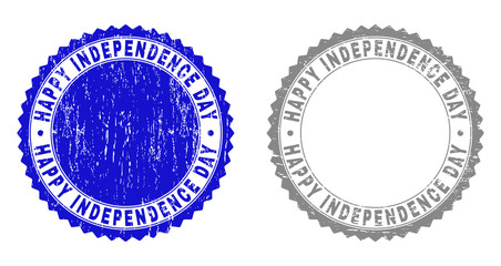 Grunge HAPPY INDEPENDENCE DAY stamp seals isolated on a white background. Rosette seals with grunge texture in blue and grey colors.