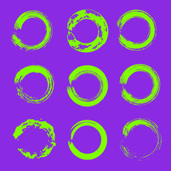  set of ufo green grunge circle brush strokes for frames, icons, design elements on proton purple color trends 2019 background