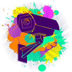 Colorful paint splashes with flat lay modern minimal  silhouette of CCTV security camera on white background
