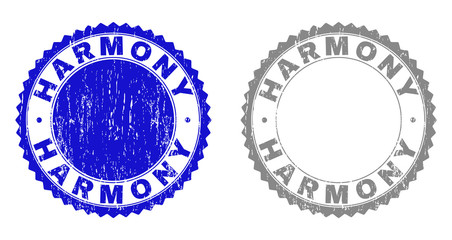 Obraz premium Grunge HARMONY stamp seals isolated on a white background. Rosette seals with grunge texture in blue and gray colors. Vector rubber stamp imitation of HARMONY tag inside round rosette.