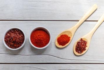 spices in spoons on wooden background