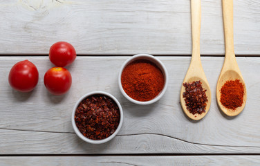 spices in spoons on wooden background