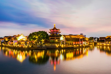 China's Ancient Town at Sunset, Night View, Suzhou, China's Water Town