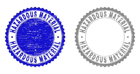 Grunge HAZARDOUS MATERIAL stamp seals isolated on a white background. Rosette seals with distress texture in blue and gray colors.
